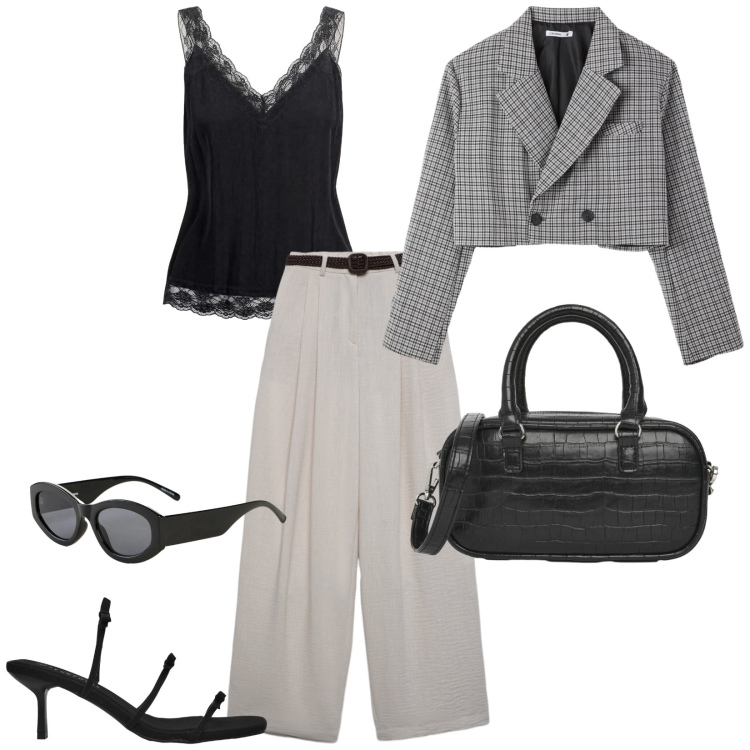 Outfit donna - Total look #2460134. Stile Casual chic per Ufficio. Abbinamento con occhiali da sole, sandali col tacco, pantaloni, blazer, borse a tracolla, canottiere.