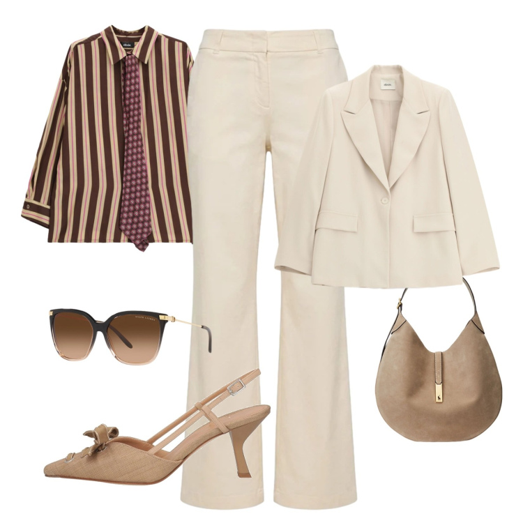 Outfit donna - Camicia stile mannish. Stile Mannish per Ufficio. Abbinamento con décolleté, pantaloni, blazer, camicie, occhiali da sole, borse a spalla.