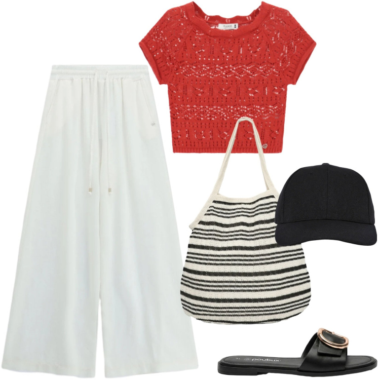Outfit donna - Total look #2460136. Stile Casual per Tutti i giorni. Abbinamento con ciabatte, cappelli con visiera, shopping bag, top, pantaloni a palazzo.