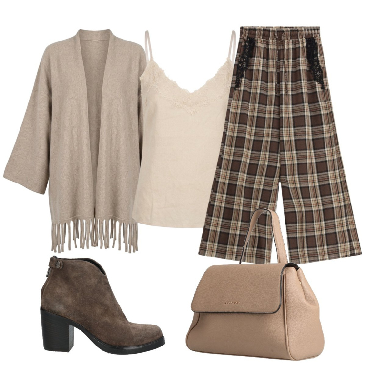 Outfit donna - Nostalgia scozzese. Stile Glamour per Tutti i giorni. Abbinamento con zaini, stivaletti, pantaloni a palazzo, kimono, top.