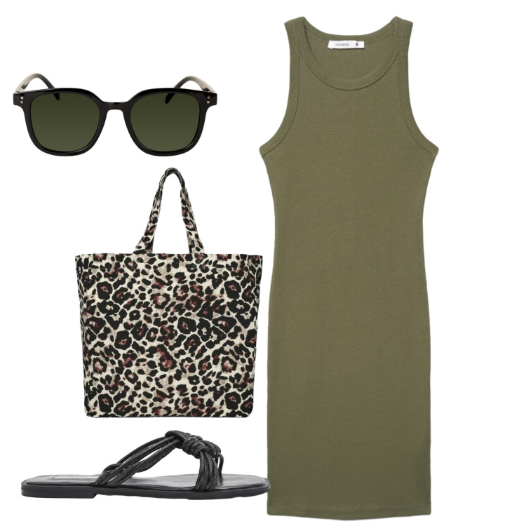 Outfit donna - Canotta lunga. Stile Minimal per Tutti i giorni. Abbinamento con vestiti midi/longuette, shopping bag, sandali, occhiali da sole.