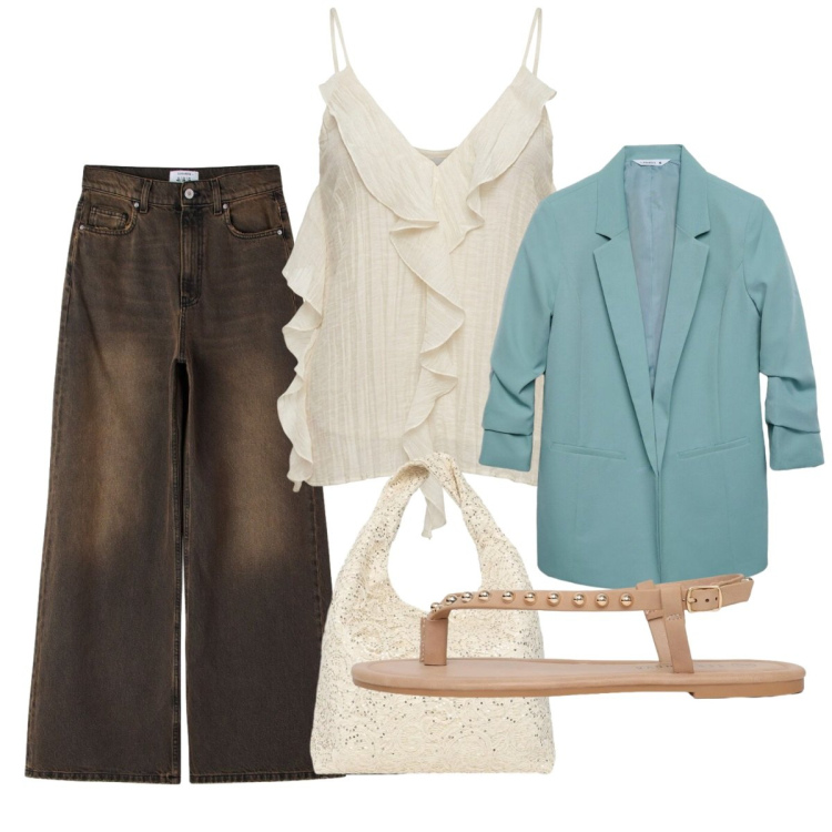 Outfit donna - Agosto. Stile Bon Ton per Tutti i giorni. Abbinamento con jeans, blazer, borse a spalla, ciabatte, canottiere.