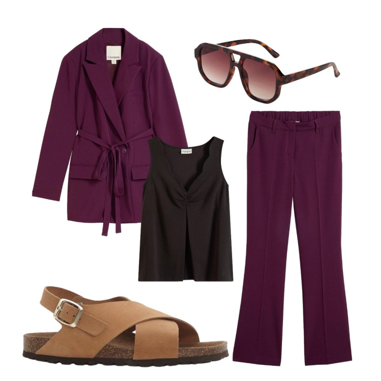 Outfit donna - Agosto. Stile Mannish per Ufficio. Abbinamento con pantaloni, blazer, top, occhiali da sole, sandali in pelle.