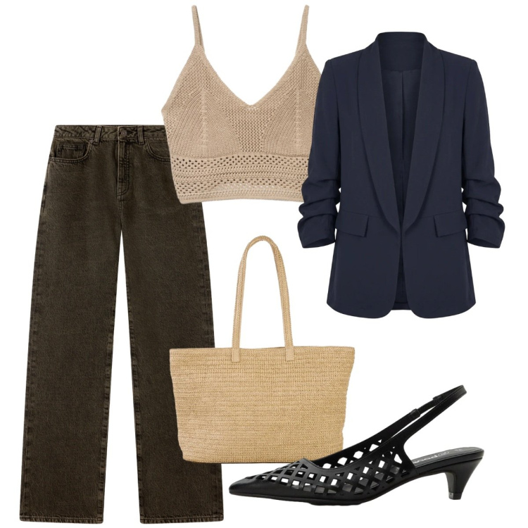 Outfit donna - Agosto. Stile Chic per Serata fuori. Abbinamento con shopping bag, décolleté, top, jeans dritti, blazer.