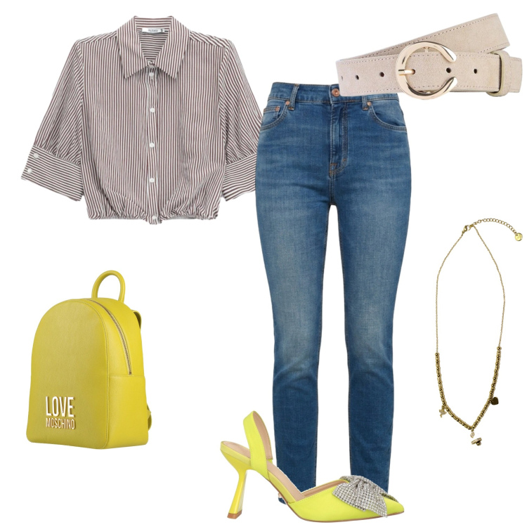 Outfit donna - Estate. Stile Casual Abbinamento con décolleté, zaini, cinture, jeans, camicie a manica corta, ciondoli.