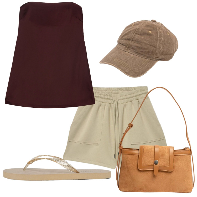 Outfit donna - Garçon. Stile Casual per Mare. Abbinamento con bermuda, infradito, top, borse a tracolla, cappelli con visiera.