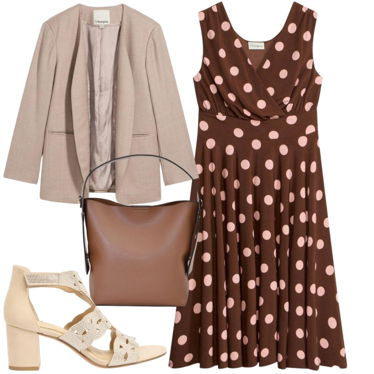 Outfit donna - Pois e pois. Stile Chic per Tutti i giorni. Abbinamento con vestiti, blazer, sandali col tacco, borse a mano.