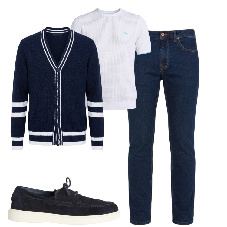 Outfit uomo - Bianco e blu. Stile Urban per Tutti i giorni. Abbinamento con scarpe stringate, t-shirt, cardigans, jeans.