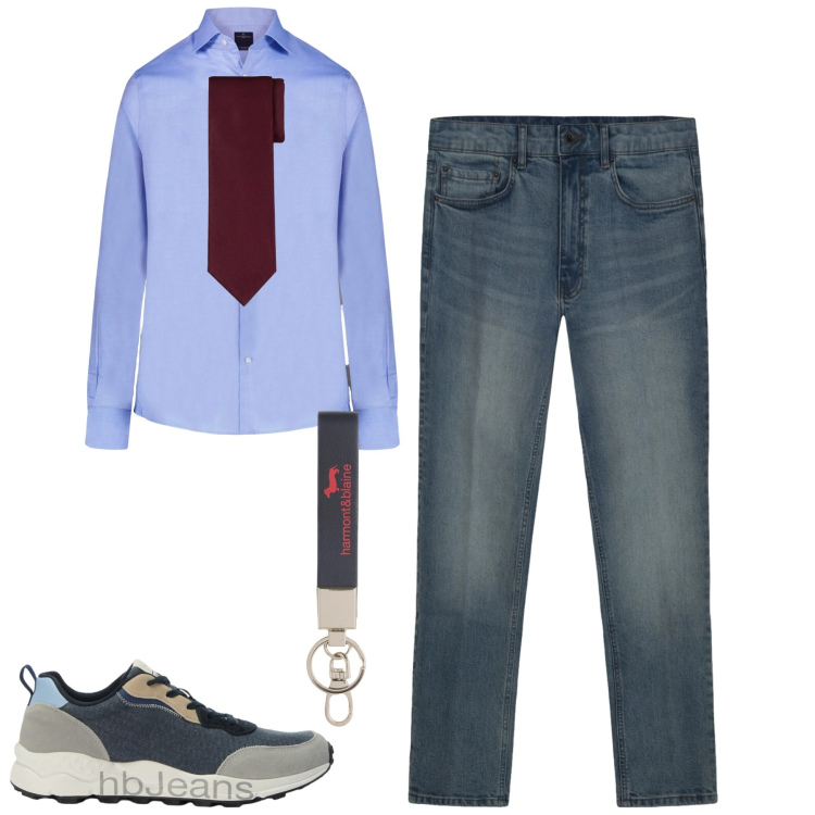 Outfit uomo - City. Stile Urban per Tutti i giorni. Abbinamento con sneakers, portachiavi, camicie, jeans, cravatte.