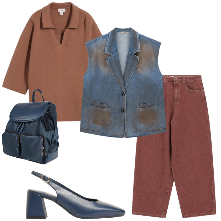 Outfit donna - Urban style. Stile Urban per Ufficio. Abbinamento con zaini, polo, décolleté, jeans, gilet.
