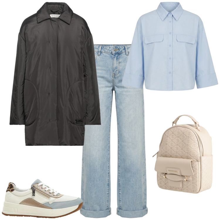 Outfit donna - Una giornata di pioggia. Stile Sporty chic per Tutti i giorni. Abbinamento con cappotti, zaini, sneakers, jeans, camicie a manica corta.