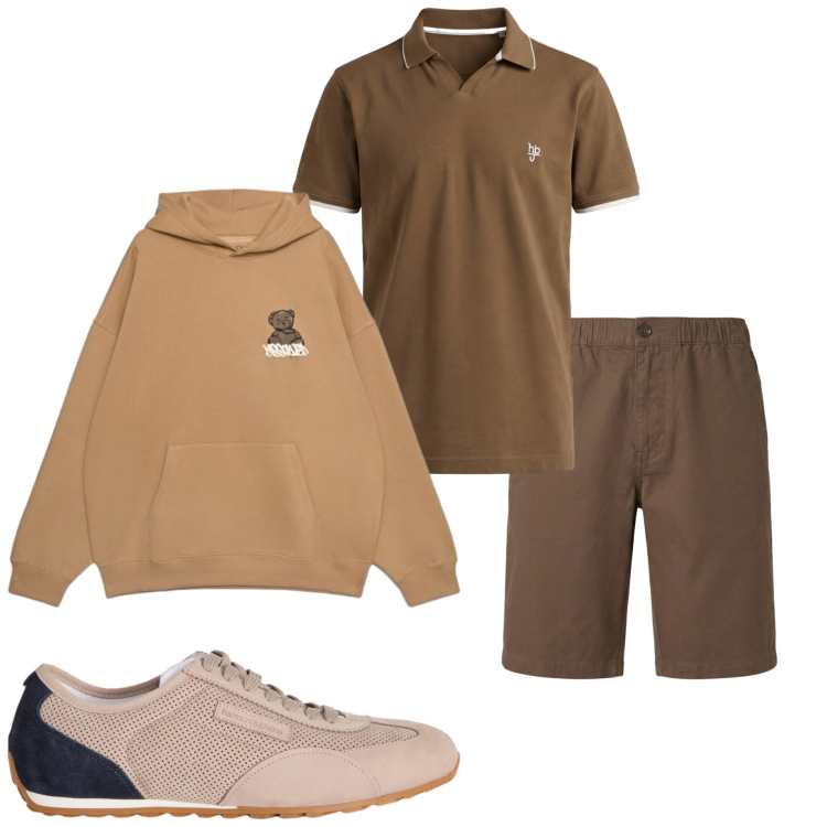 Outfit uomo - Fine agosto. Stile Casual per Tutti i giorni. Abbinamento con sneakers, polo, bermuda, felpe con cappuccio.