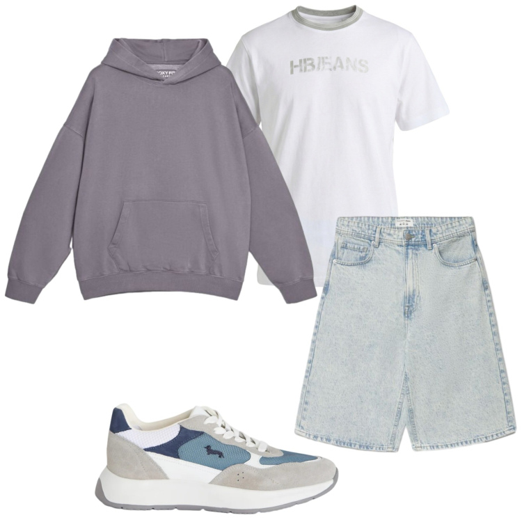 Outfit uomo - Fine agosto. Stile Casual per Tutti i giorni. Abbinamento con shorts, felpe con cappuccio, sneakers, t-shirt.