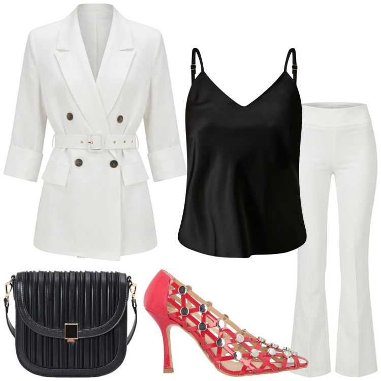 Outfit donna - Décolleté glam. Stile Glamour per Serata fuori. Abbinamento con décolleté, blazer, top, pantaloni, borse a tracolla.