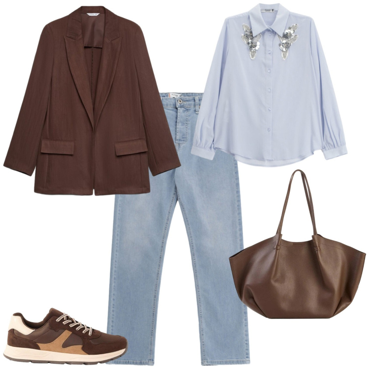Outfit donna - Casual chic ufficio tempo libero. Stile Casual chic per Tutti i giorni. Abbinamento con shopping bag, sneakers, blazer, jeans, camicie.