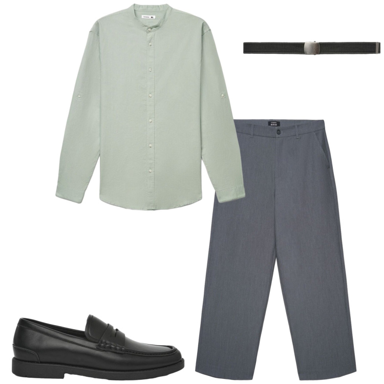 Outfit uomo - In ufficio. Stile Casual per Tutti i giorni. Abbinamento con pantaloni, camicie, cinture, scarpe stringate.