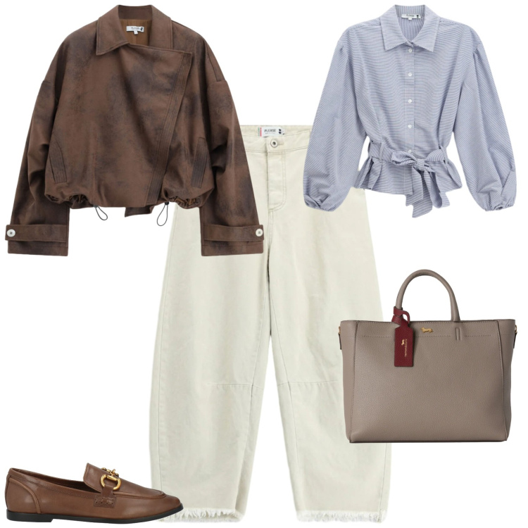 Outfit donna - NUOVA stagione ufficio tempo libero. Stile Casual chic per Tutti i giorni. Abbinamento con mocassini, borse a mano, bomber, jeans dritti, camicie.