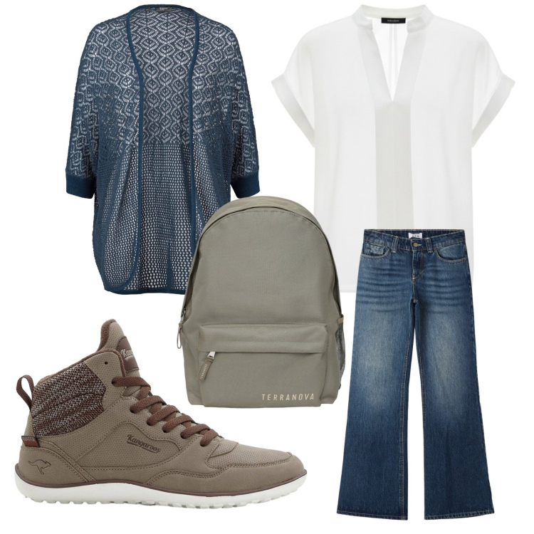 Outfit donna - Total look #2460228. Stile Basic per Tutti i giorni. Abbinamento con sneakers alte, cardigans, zaini, jeans, bluse.
