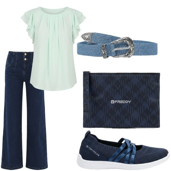 Outfit donna - Pensando a settembre. Stile Casual per Tutti i giorni. Abbinamento con sneakers, cinture, clutch, jeans, canottiere.