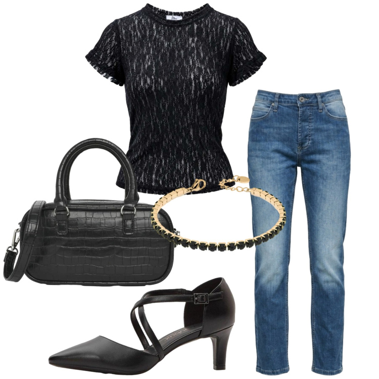 Outfit donna - Total look #2460234. Stile Casual chic per Serata fuori. Abbinamento con décolleté, borse a tracolla, top, jeans, braccialetti.