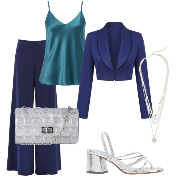 Outfit donna - Matrimonio in vista. Stile Chic per Cerimonia. Abbinamento con sandali col tacco, collane, borse a tracolla, bolero, pantaloni a palazzo, top.