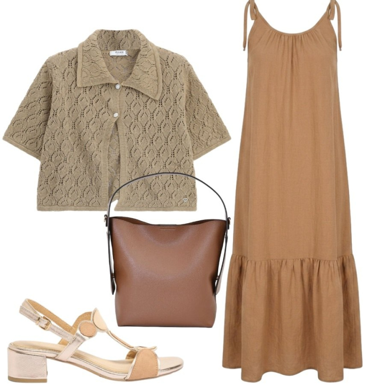 Outfit donna - Il coprispalle traforato. Stile Casual chic per Tutti i giorni. Abbinamento con sandali col tacco, borse a mano, maglieria, vestiti.