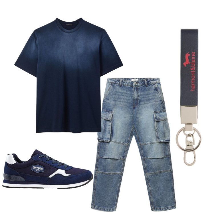 Outfit uomo - Total look #2460239. Stile Urban per Tutti i giorni. Abbinamento con sneakers, t-shirt, jeans dritti, portachiavi.