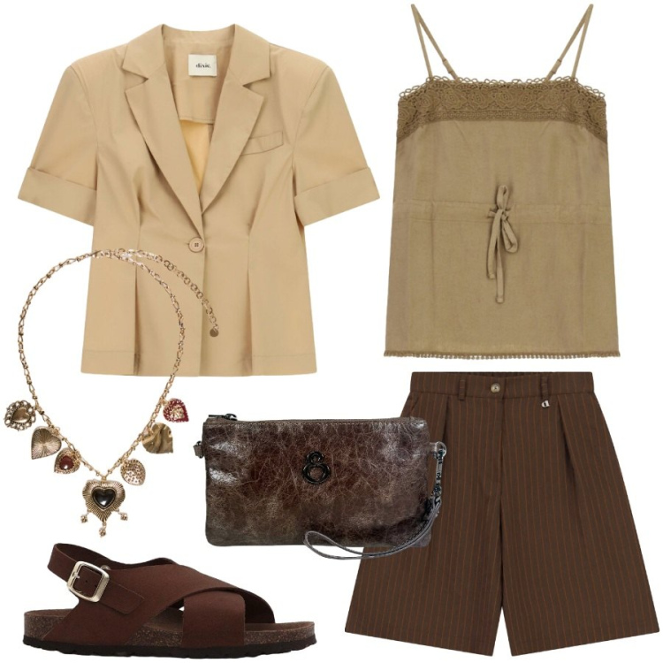 Outfit donna - Dettagli perfetti. Stile Casual chic per Tutti i giorni. Abbinamento con sandali in pelle, blazer, top, bermuda, collane, pochette.