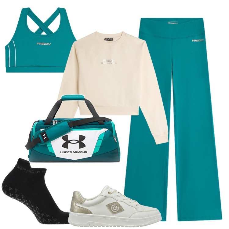 Outfit donna - Master class pilates ottanio. Stile Trendy per Sport. Abbinamento con pantaloni, top, felpe, calzini, borse sportive, sneakers.