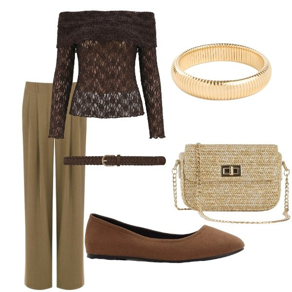 Outfit donna - Pensando a settembre. Stile Casual chic per Serata fuori. Abbinamento con ballerine, braccialetti, borse a tracolla, cinture, bluse, pantaloni a palazzo.