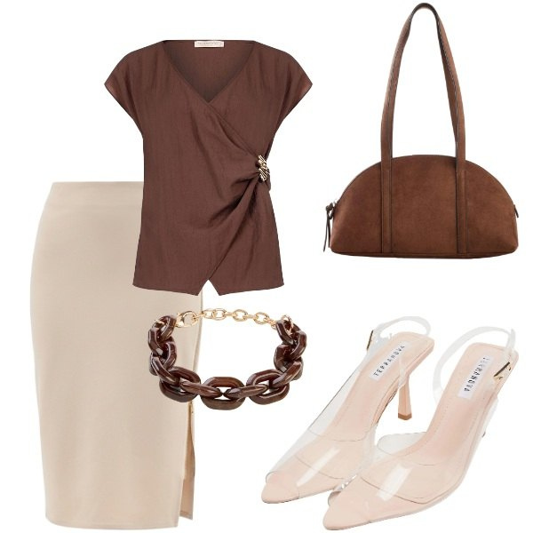 Outfit donna - A cena fuori. Stile Chic per Serata fuori. Abbinamento con borse a tracolla, braccialetti, sandali col tacco, bluse, gonne longuette.