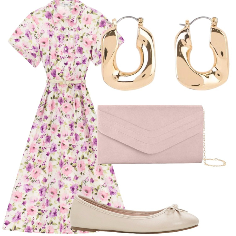 Outfit donna - Romantica a settembre. Stile Romantica per Serata fuori. Abbinamento con clutch, ballerine, orecchini, vestiti midi/longuette.