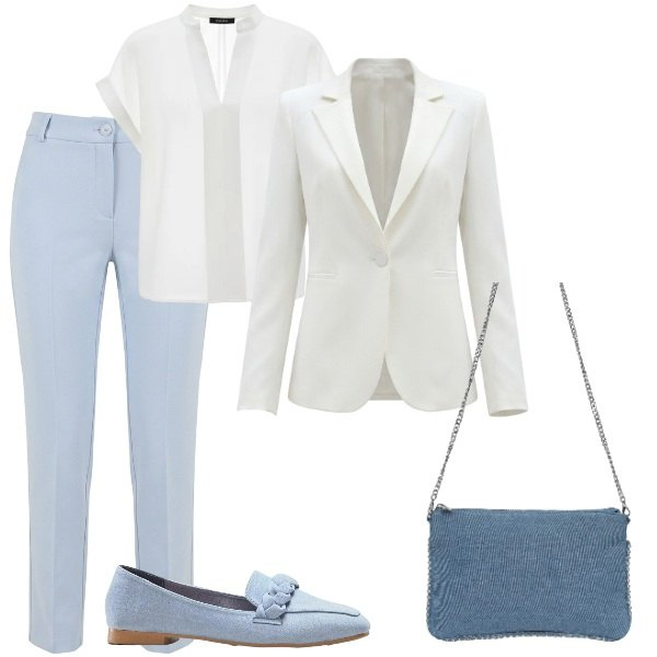 Outfit donna - A cena fuori. Stile Glamour per Serata fuori. Abbinamento con mocassini, borse a tracolla, blazer, pantaloni, bluse.