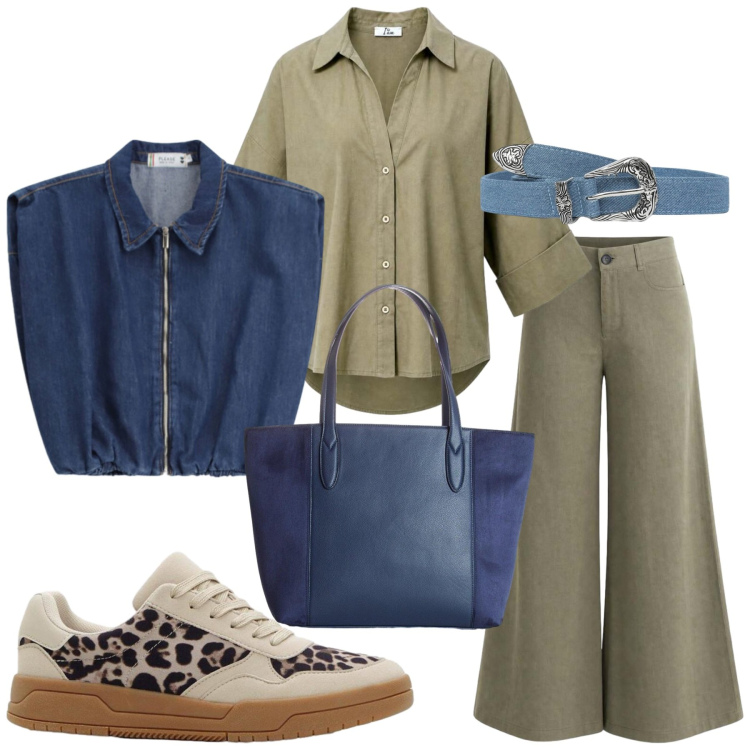 Outfit donna - Total look #2460266. Stile Etnico per Tutti i giorni. Abbinamento con sneakers, shopping bag, cinture, pantaloni a palazzo, camicie, gilet.
