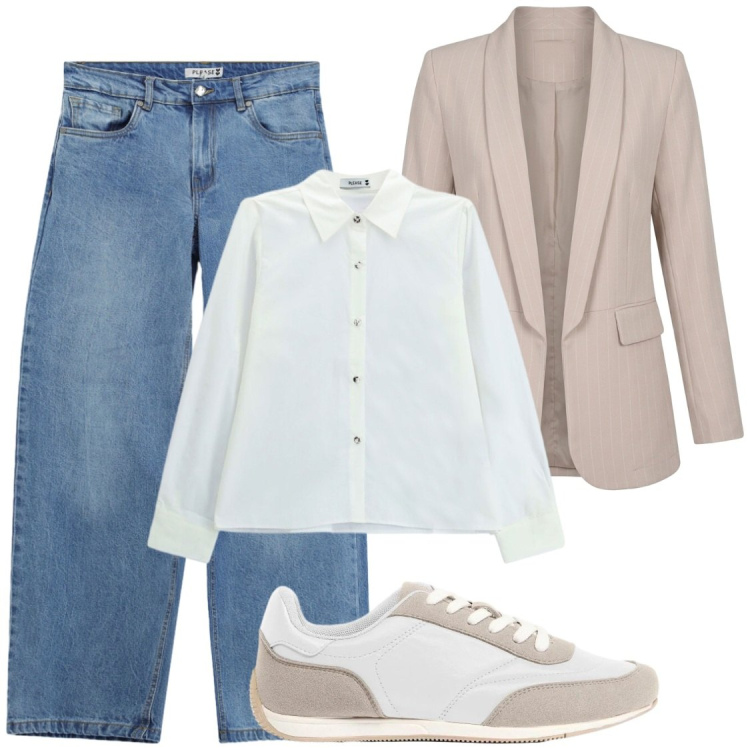 Outfit donna - Raffinatezza in jieans e sneakers. Stile Chic per Ufficio. Abbinamento con sneakers, jeans, camicie, blazer.