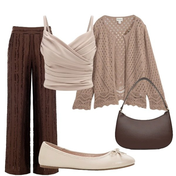 Outfit donna - Sfumature di colore. Stile Casual chic per Tutti i giorni. Abbinamento con cardigans, ballerine, borse a tracolla, pantaloni a palazzo, canottiere.