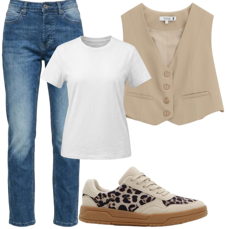 Outfit donna - Settembre in città. Stile Chic per Tutti i giorni. Abbinamento con sneakers, jeans, gilet, t-shirt.