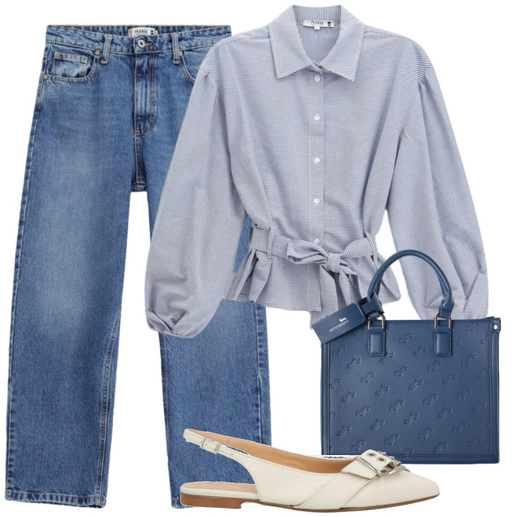 Outfit donna - Settembre e le camicie. Stile Chic per Ufficio. Abbinamento con ballerine, borse a mano, camicie, jeans dritti.