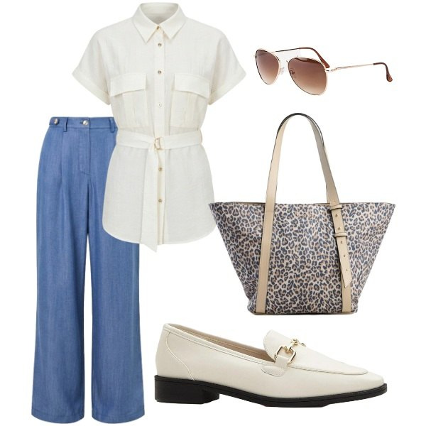 Outfit donna - Passeggiando per la città. Stile Glamour per Tutti i giorni. Abbinamento con mocassini, shopping bag, occhiali da sole, camicie a manica corta, pantaloni.
