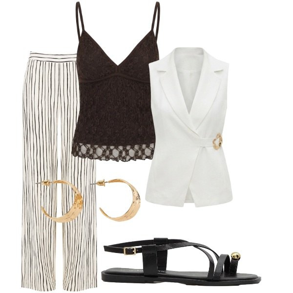 Outfit donna - Compleanno in villa. Stile Chic per Serata fuori. Abbinamento con orecchini, sandali, pantaloni a palazzo, gilet, canottiere.