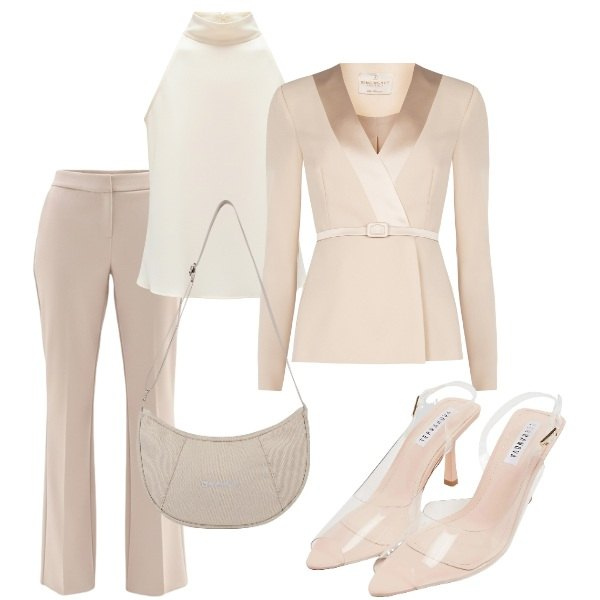 Outfit donna - Cena importante. Stile Glamour per Serata fuori. Abbinamento con sandali col tacco, canottiere, blazer, pantaloni, borse a spalla.