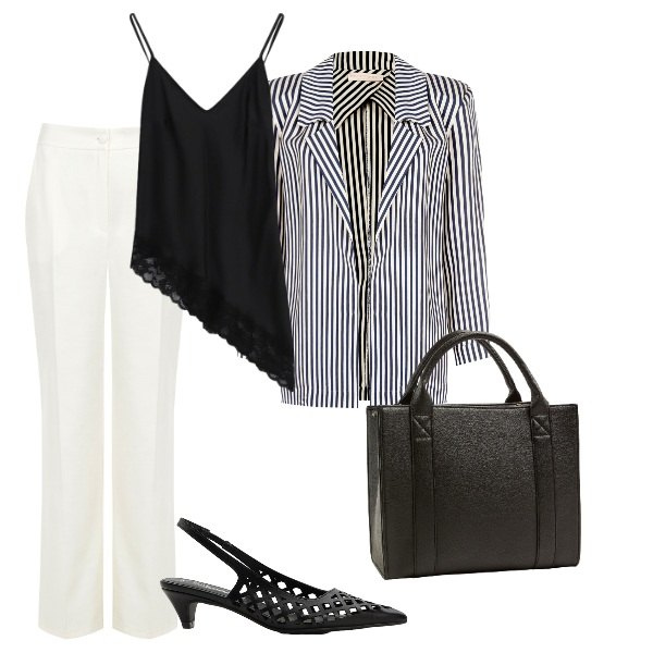 Outfit donna - Cena importante. Stile Glamour per Serata fuori. Abbinamento con décolleté, borse tote, pantaloni a palazzo, blazer, top.