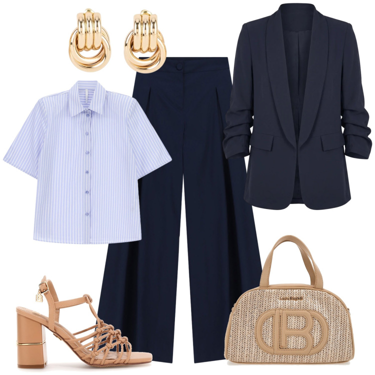 Outfit donna - Rigore e istinto al lavoro. Stile Glamour per Ufficio. Abbinamento con orecchini, camicie a manica corta, pantaloni a palazzo, blazer, sandali col tacco, borse a spalla.