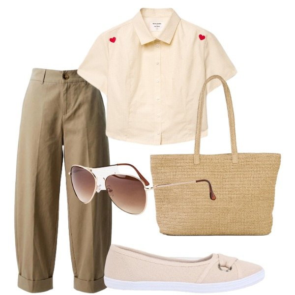 Outfit donna - Pensando a settembre. Stile Casual chic per Tutti i giorni. Abbinamento con shopping bag, ballerine, occhiali da sole, camicie a manica corta, pantaloni.