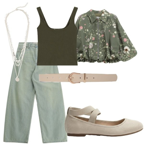 Outfit donna - Pensando a settembre. Stile Casual per Tutti i giorni. Abbinamento con ballerine, collane, cinture, jeans, top, bomber.