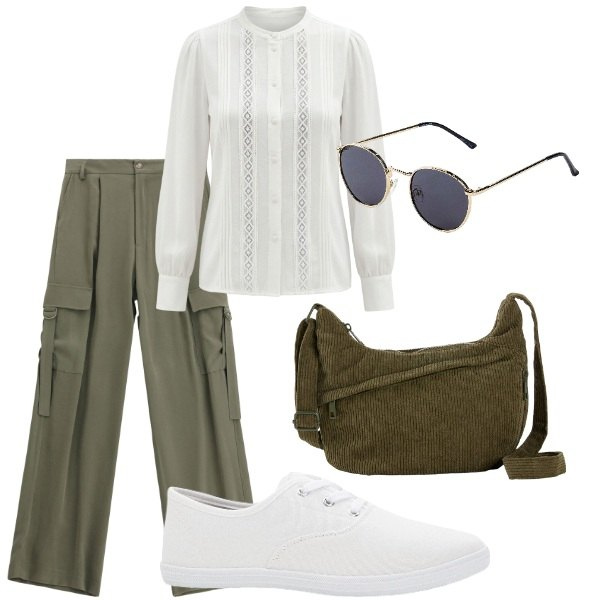 Outfit donna - Pensando a settembre. Stile Casual chic per Tutti i giorni. Abbinamento con sneakers, occhiali da sole, borse a tracolla, camicie, pantaloni cargo.