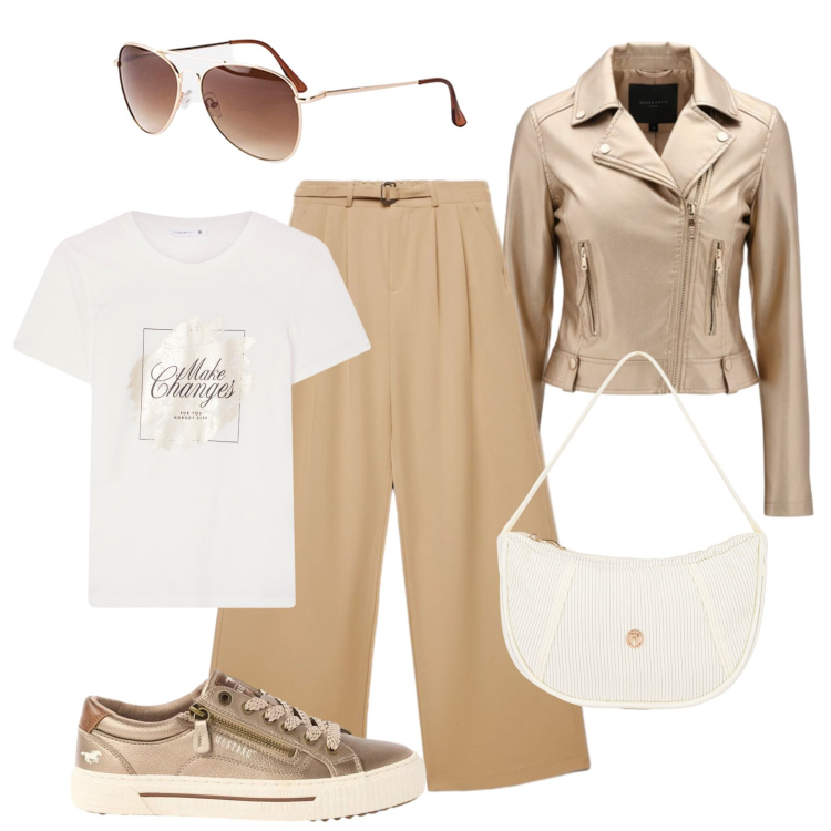 Outfit donna - Tempo libero/ufficio luminosa. Stile Casual chic per Tutti i giorni. Abbinamento con occhiali da sole, sneakers, pantaloni a palazzo, t-shirt, giacche, borse a mano.