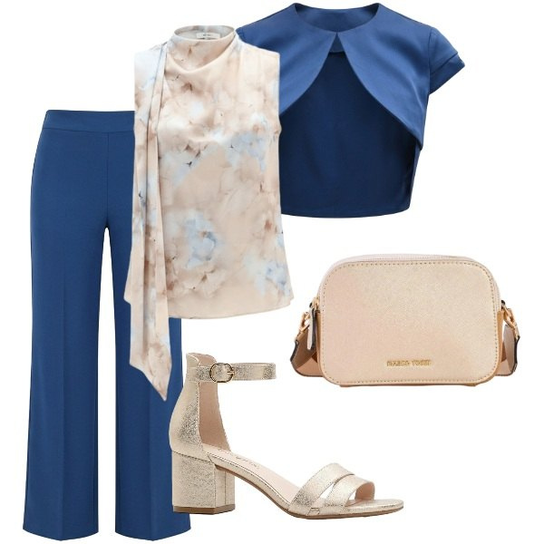 Outfit donna - Matrimonio in vista. Stile Glamour per Cerimonia. Abbinamento con sandali col tacco, borse a tracolla, canottiere, pantaloni a palazzo, bolero.