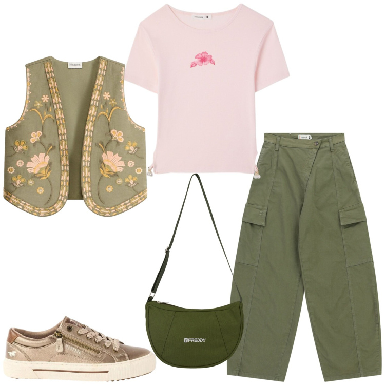 Outfit donna - Total look #2460290. Stile Casual chic per Tutti i giorni. Abbinamento con gilet, sneakers, t-shirt, pantaloni cargo, borse a spalla.