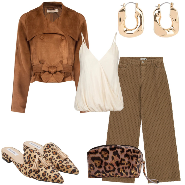 Outfit donna - Total look #2460297. Stile Casual chic per Serata fuori. Abbinamento con orecchini, sabot, pochette, giacche, pantaloni, top.